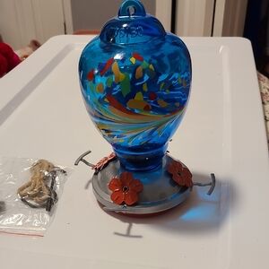 Vibrant Blue Glass Hummingbird Feeder